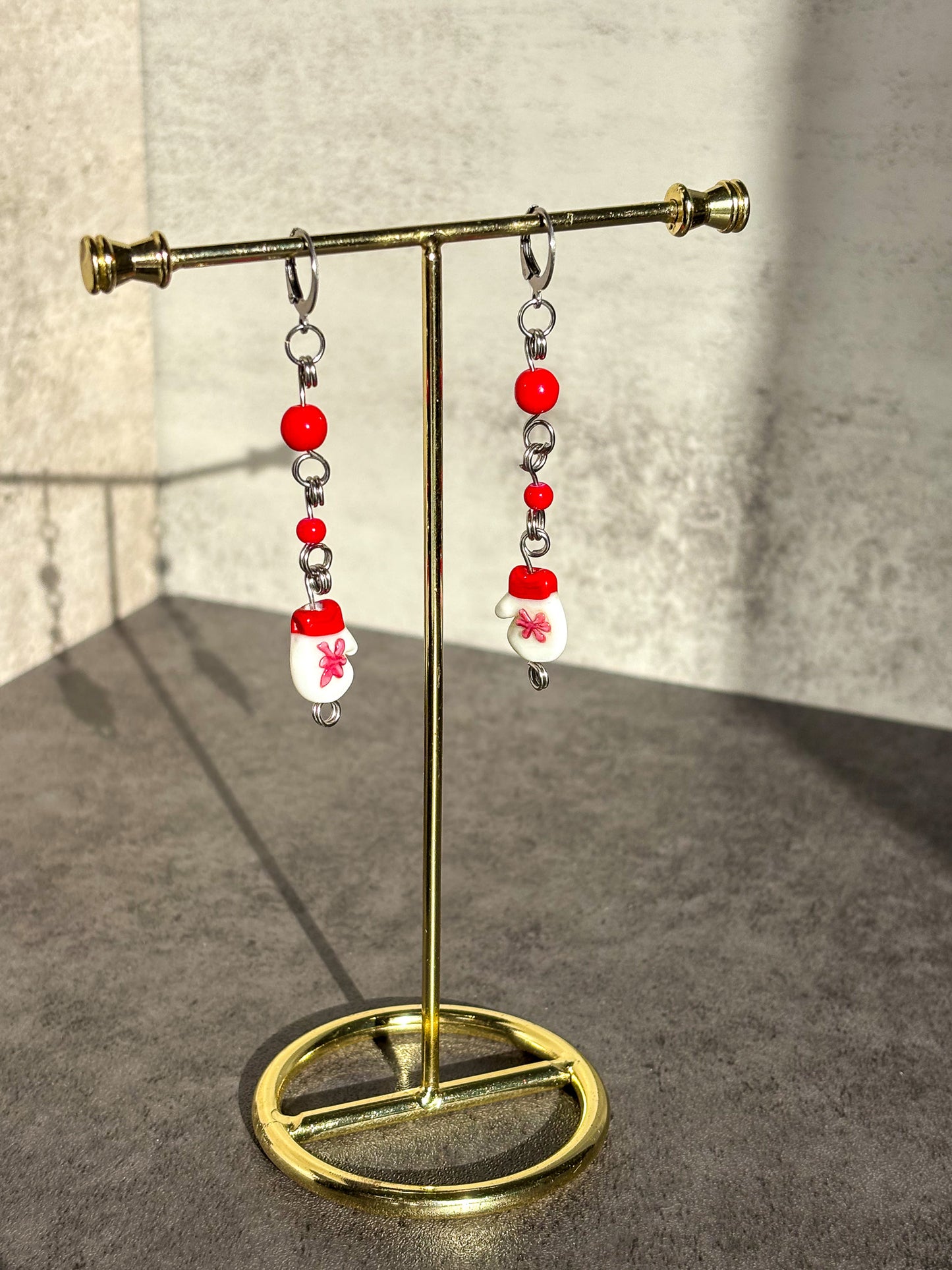 Red Silver Mitten Glove Glass Earrings