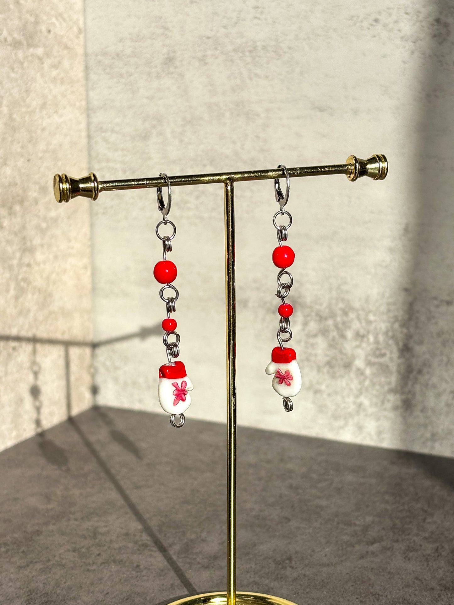 Red Silver Mitten Glove Glass Earrings