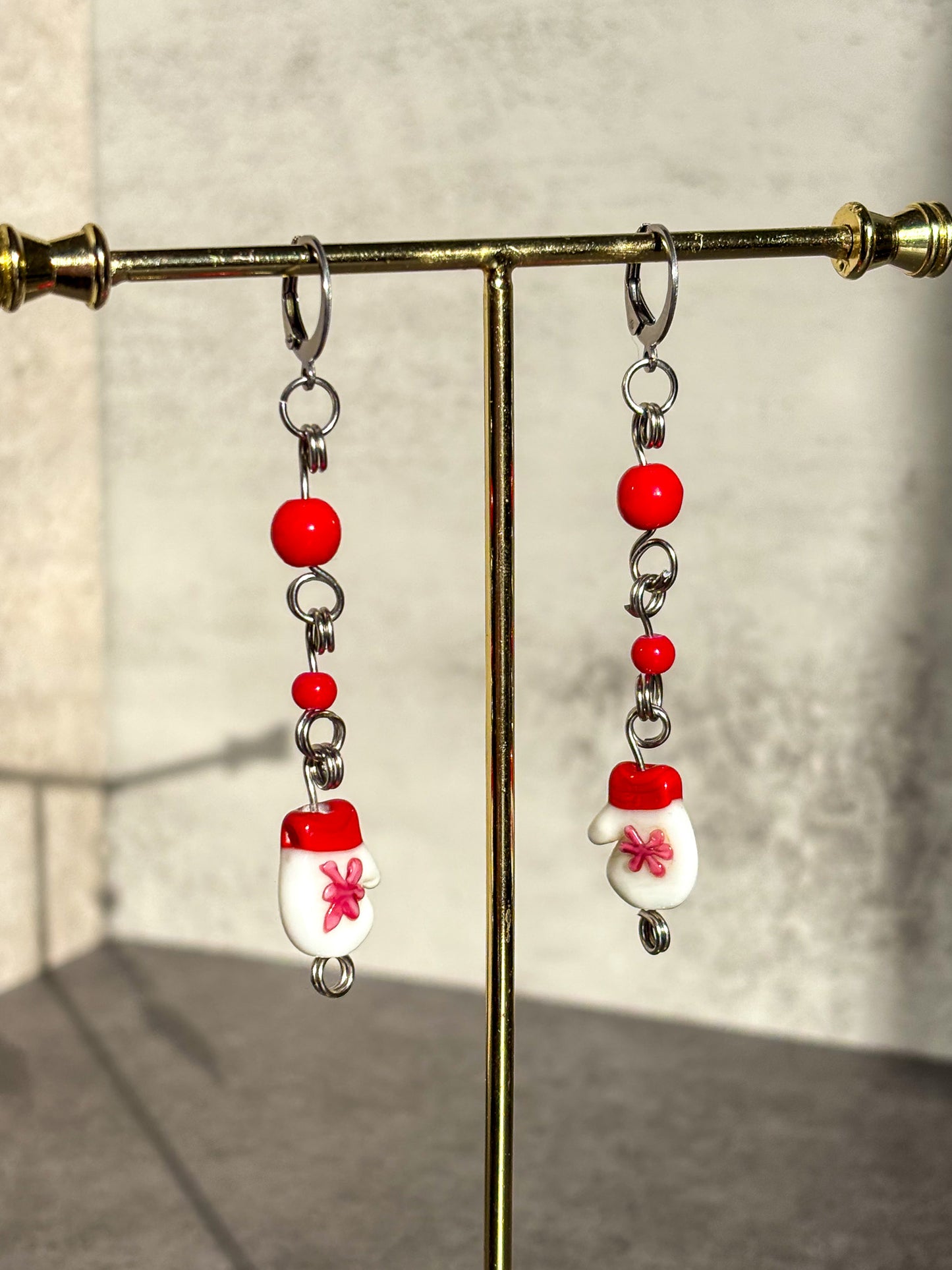 Red Silver Mitten Glove Glass Earrings