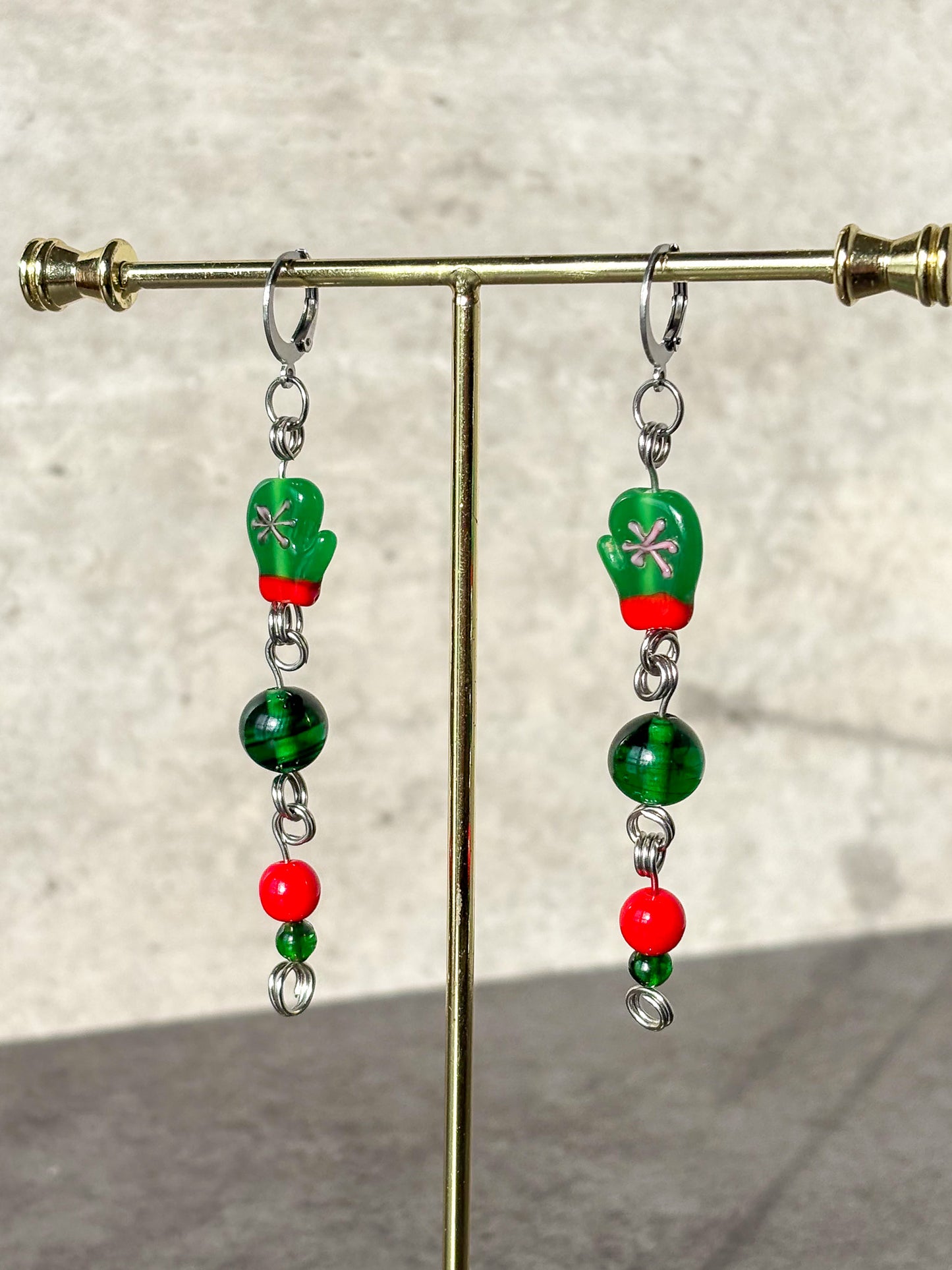 Green Red Silver Glass Mitten Glove Earrings