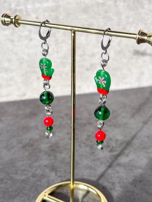 Green Red Silver Glass Mitten Glove Earrings