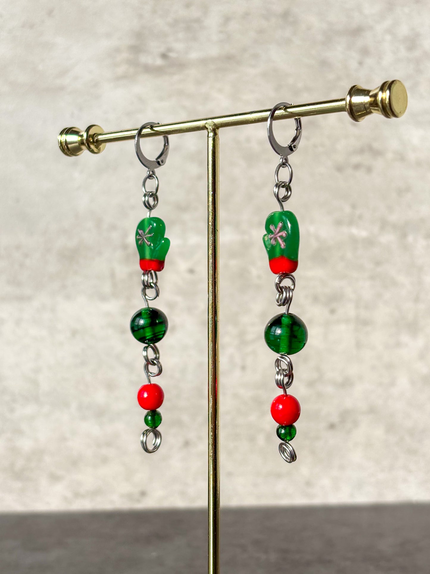 Green Red Silver Glass Mitten Glove Earrings