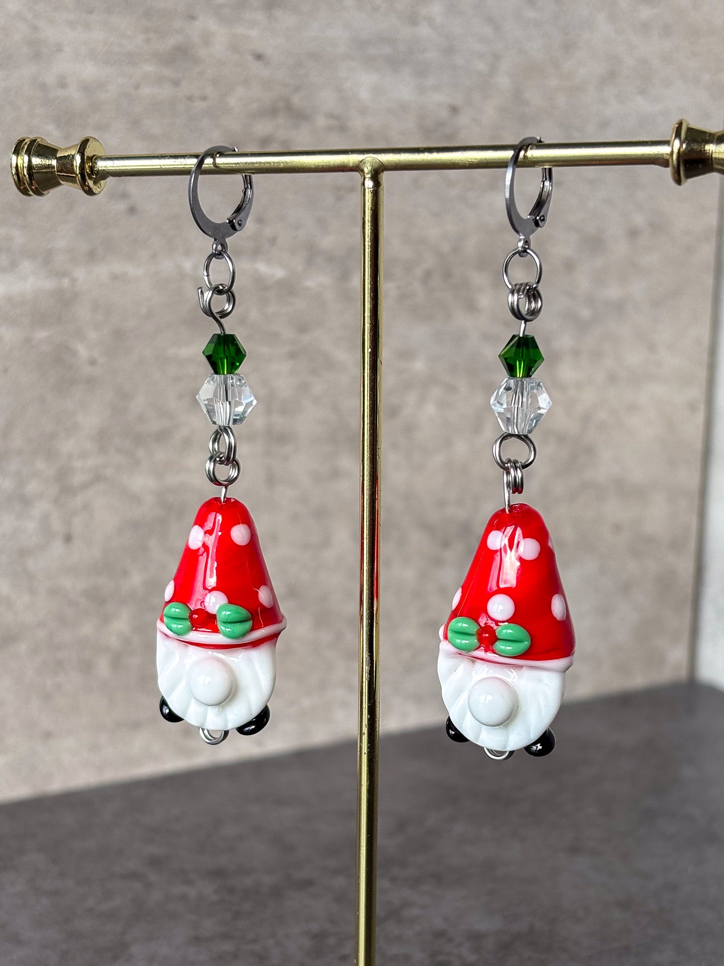 Gnome Silver Holiday Christmas Glass Earrings