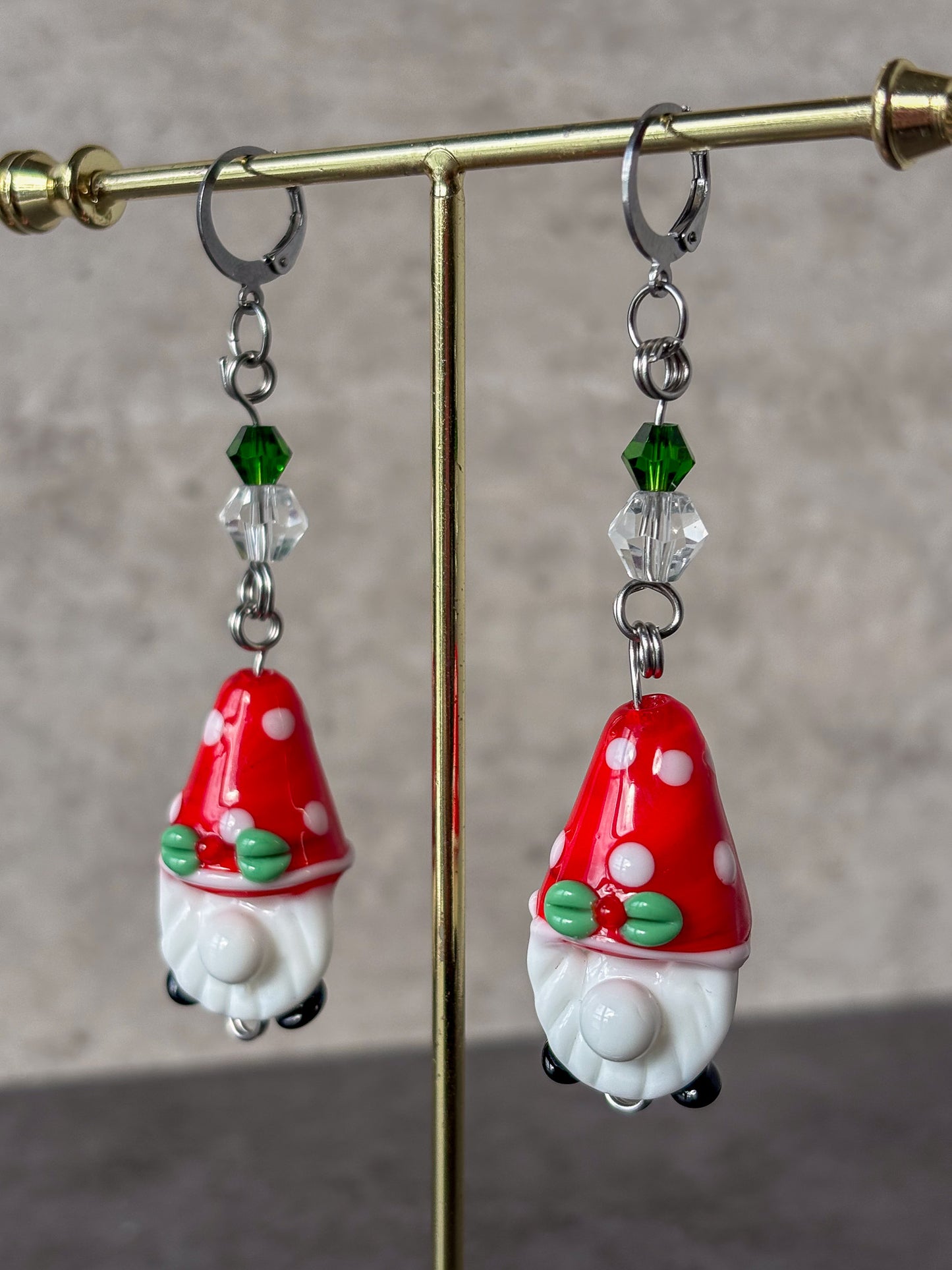Gnome Silver Holiday Christmas Glass Earrings