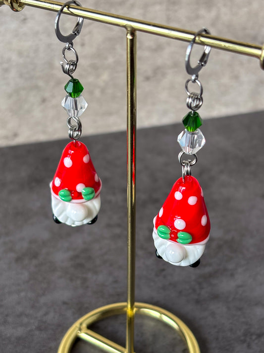 Gnome Silver Holiday Christmas Glass Earrings
