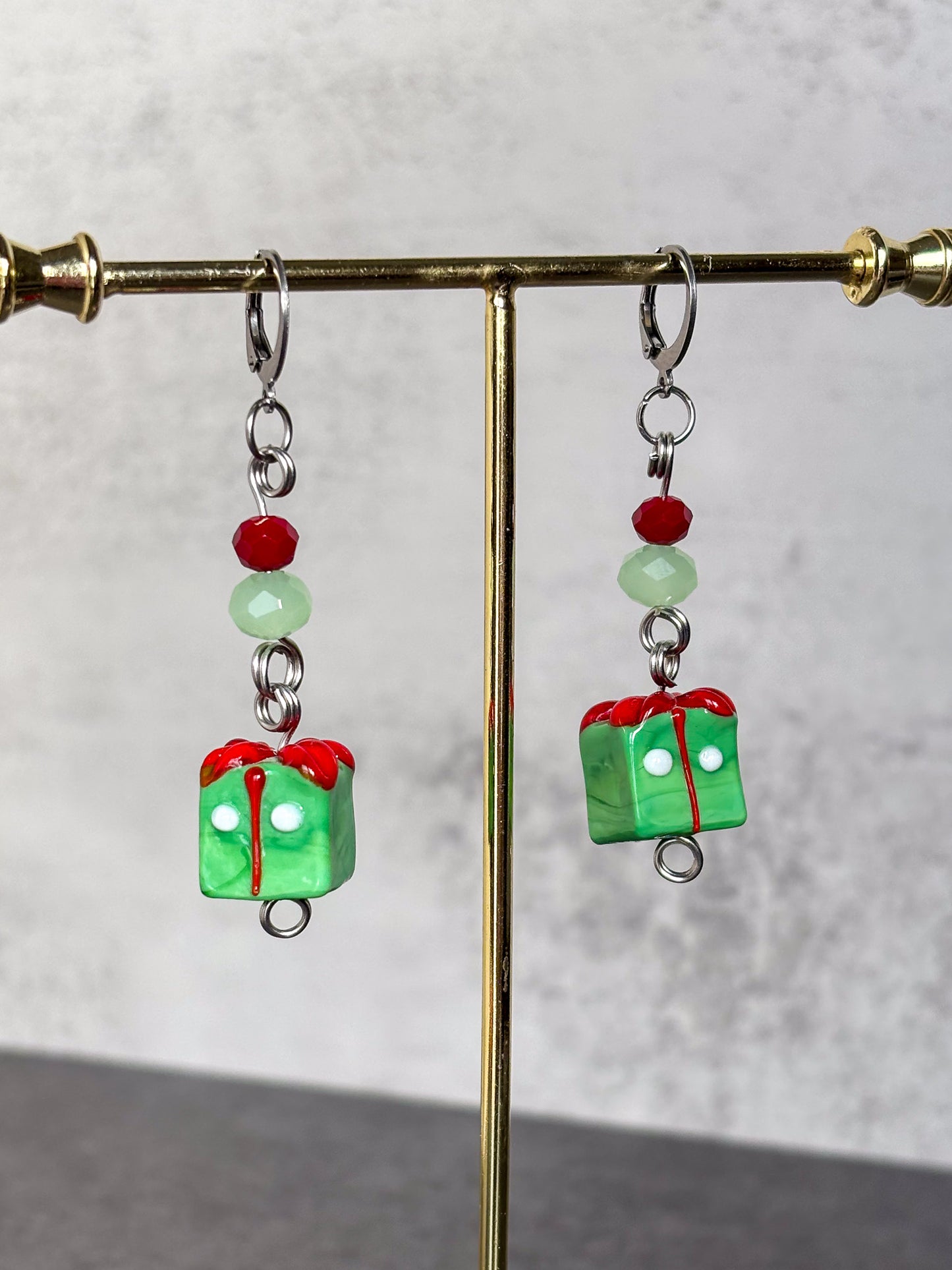 Gift Silver Holiday Present Red Green Earrings