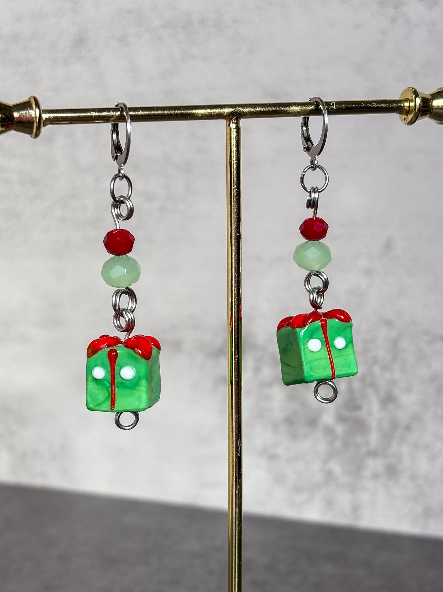 Gift Silver Holiday Present Red Green Earrings