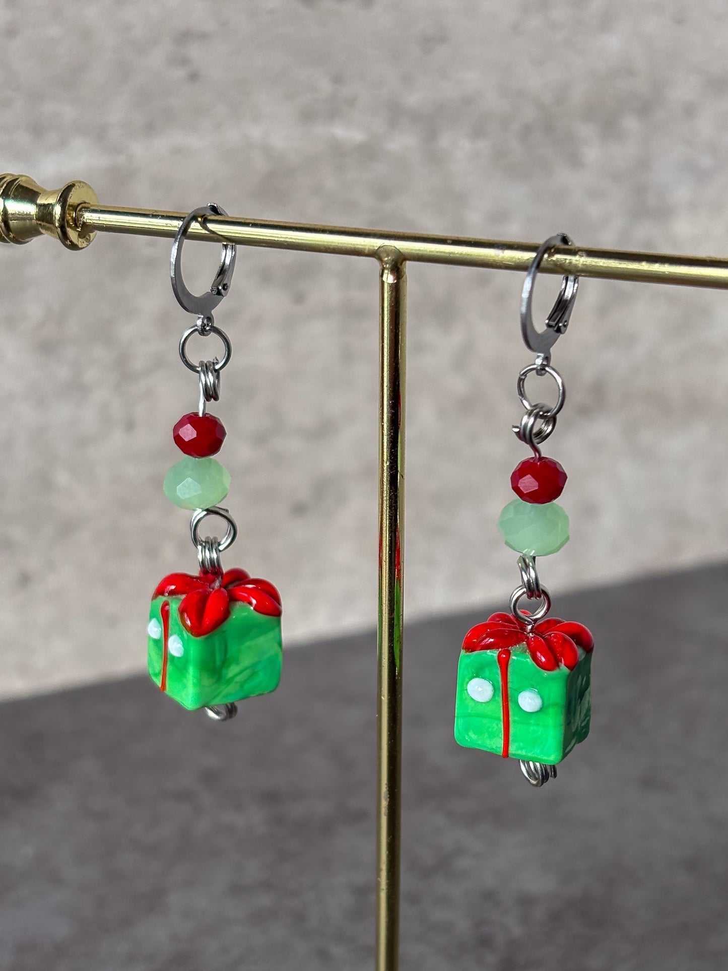 Gift Silver Holiday Present Red Green Earrings