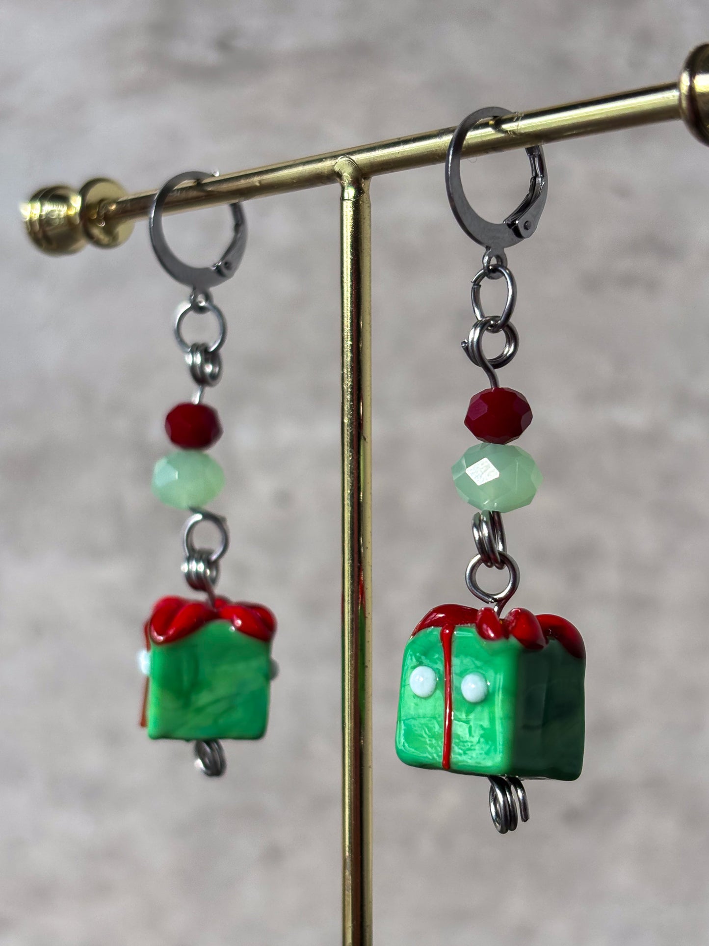 Gift Silver Holiday Present Red Green Earrings
