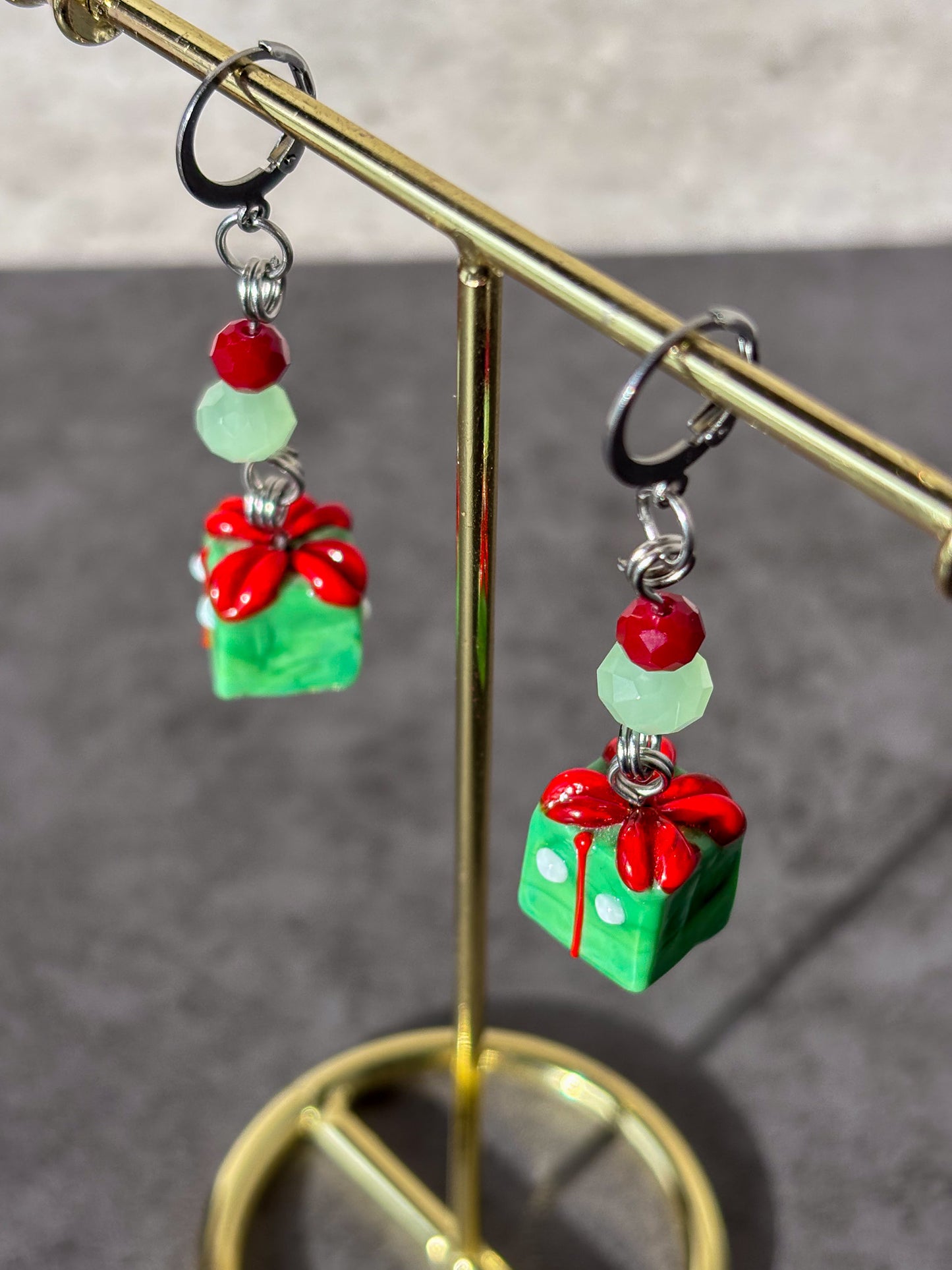 Gift Silver Holiday Present Red Green Earrings