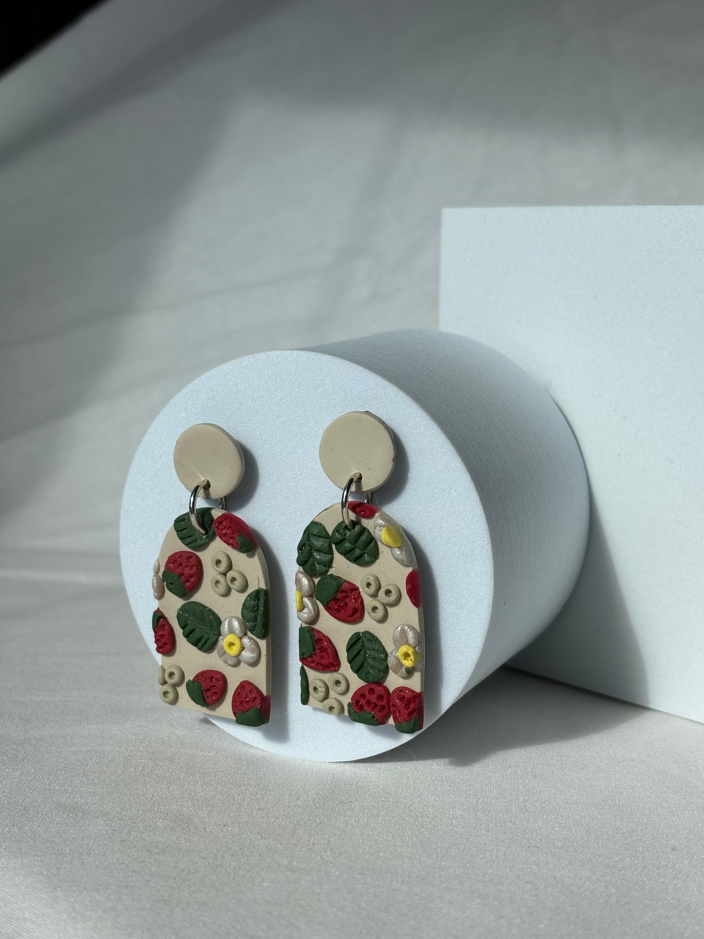 Strawberries, Flowers, Daisies Handmade Polymer Clay Dangle Stud Earrings