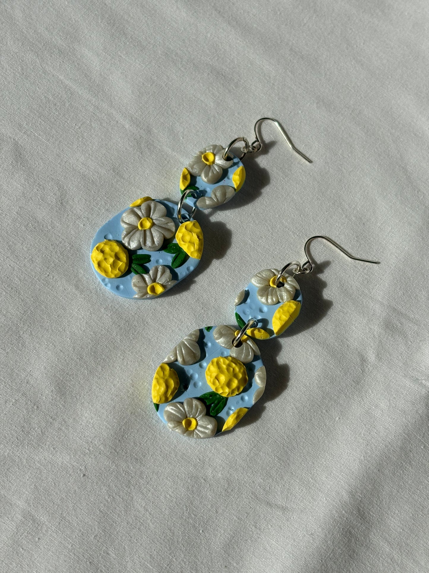 Lemon White Flowers on Blue Polymer Clay Dangle Earrings