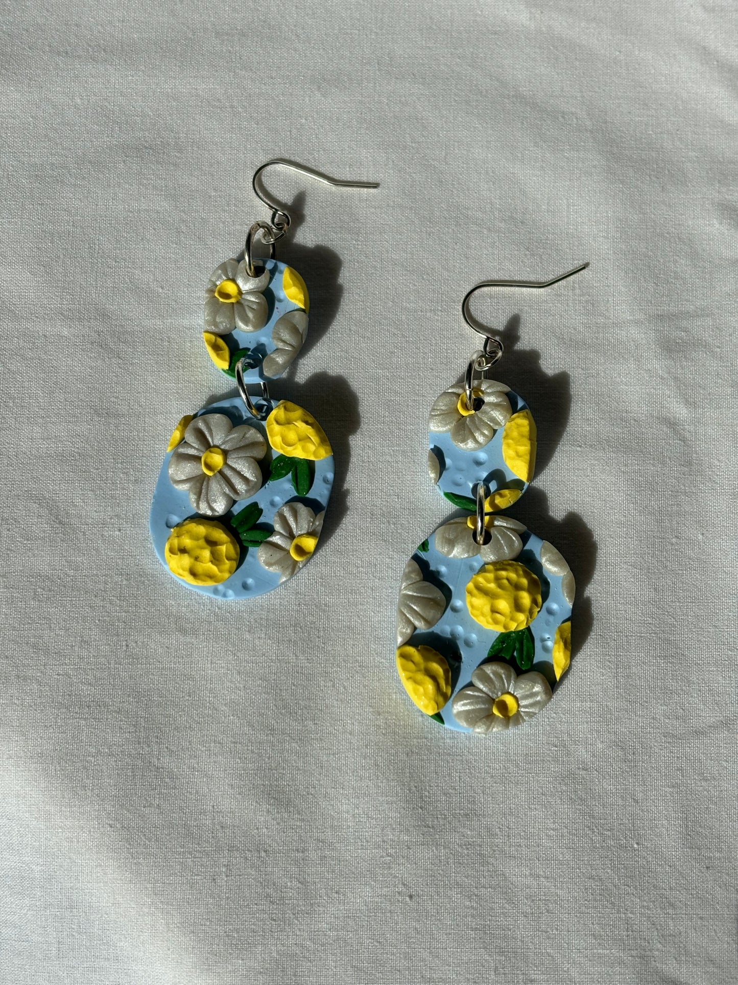 Lemon White Flowers on Blue Polymer Clay Dangle Earrings