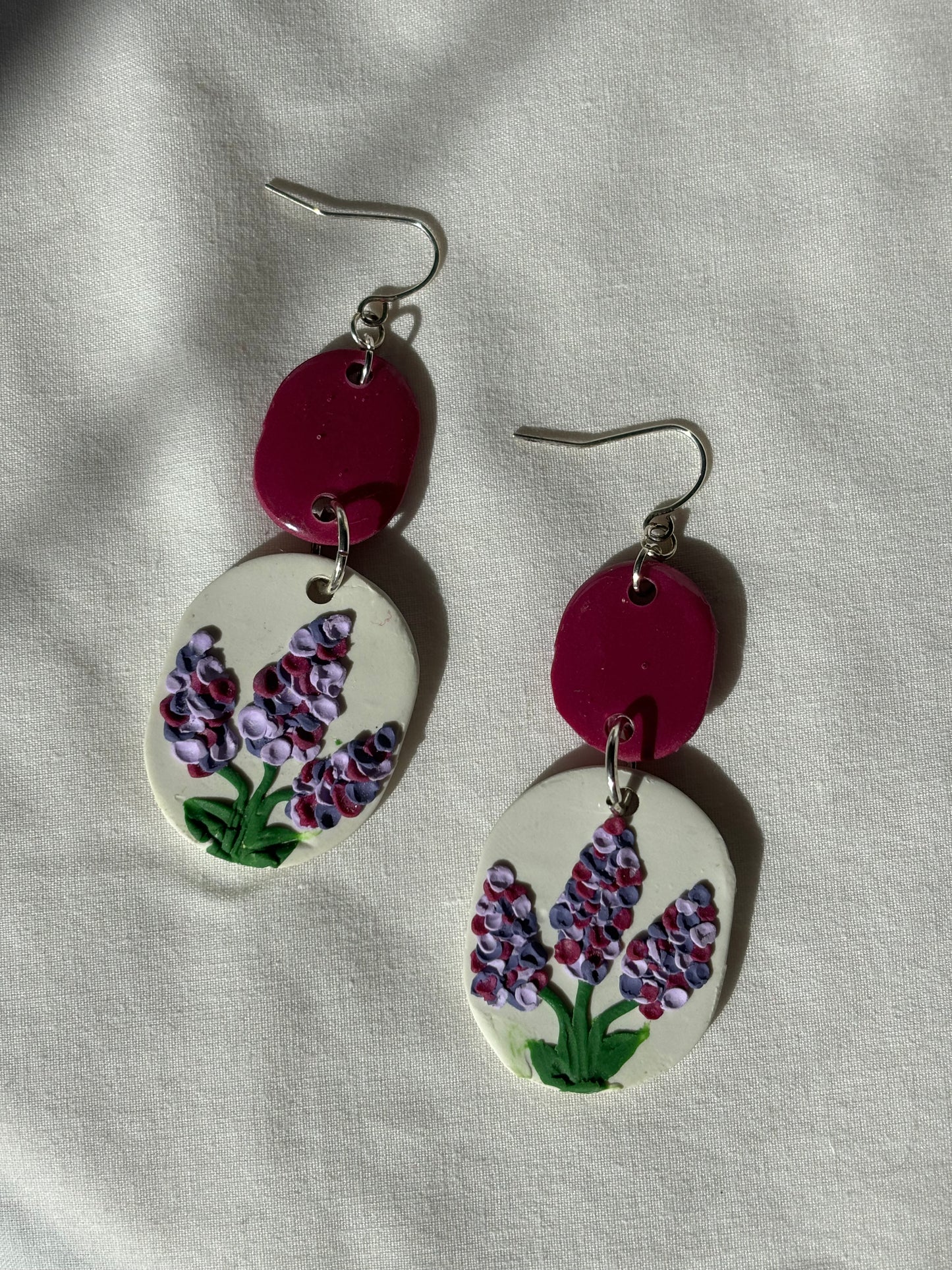 Lavender Tiered Purple Flower Polymer Clay Dangle Earrings