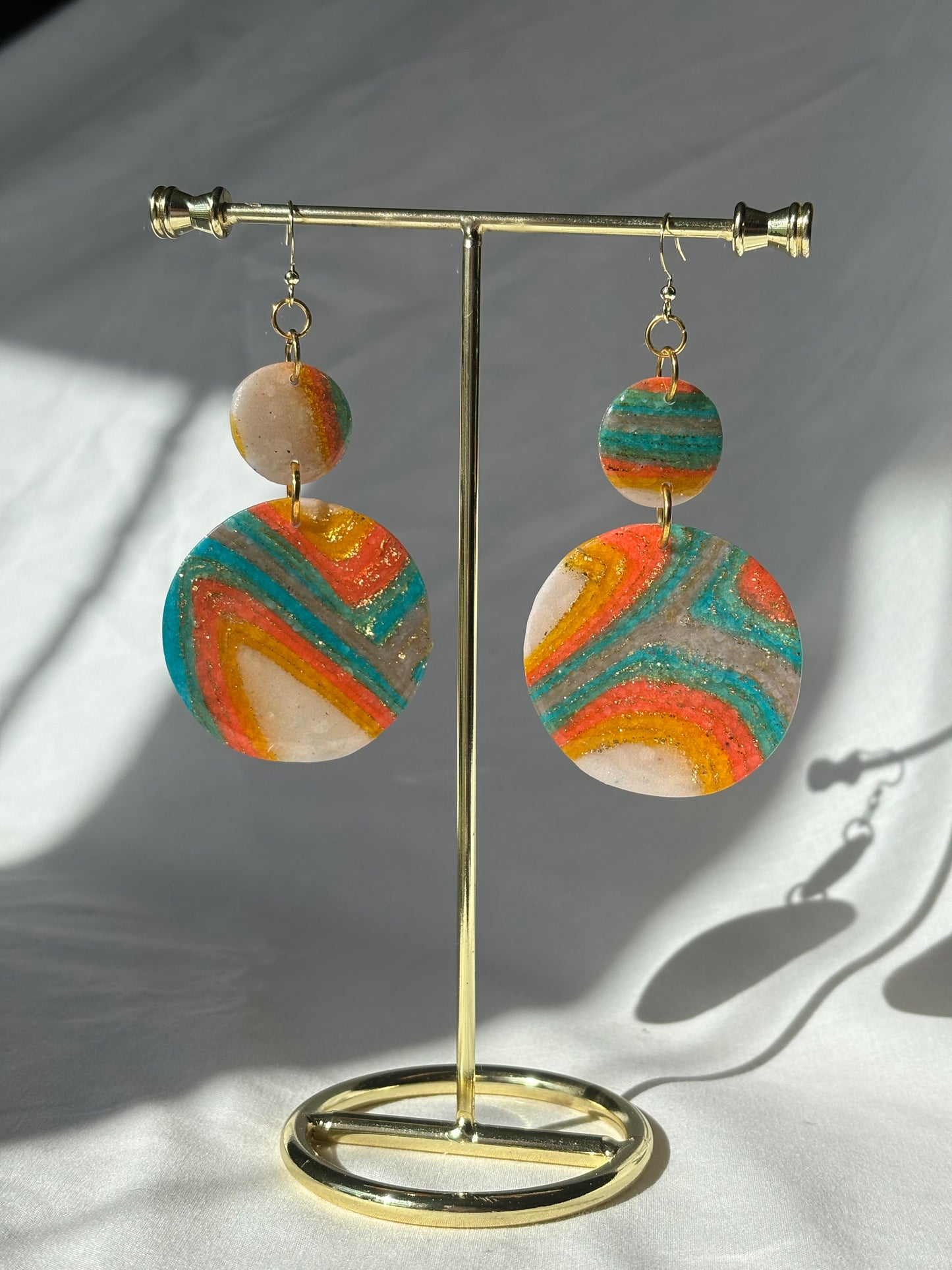 Swirl Colorful Blue Orange Sparkle Translucent 70s Stacked Circle Polymer Clay Dangle Earrings