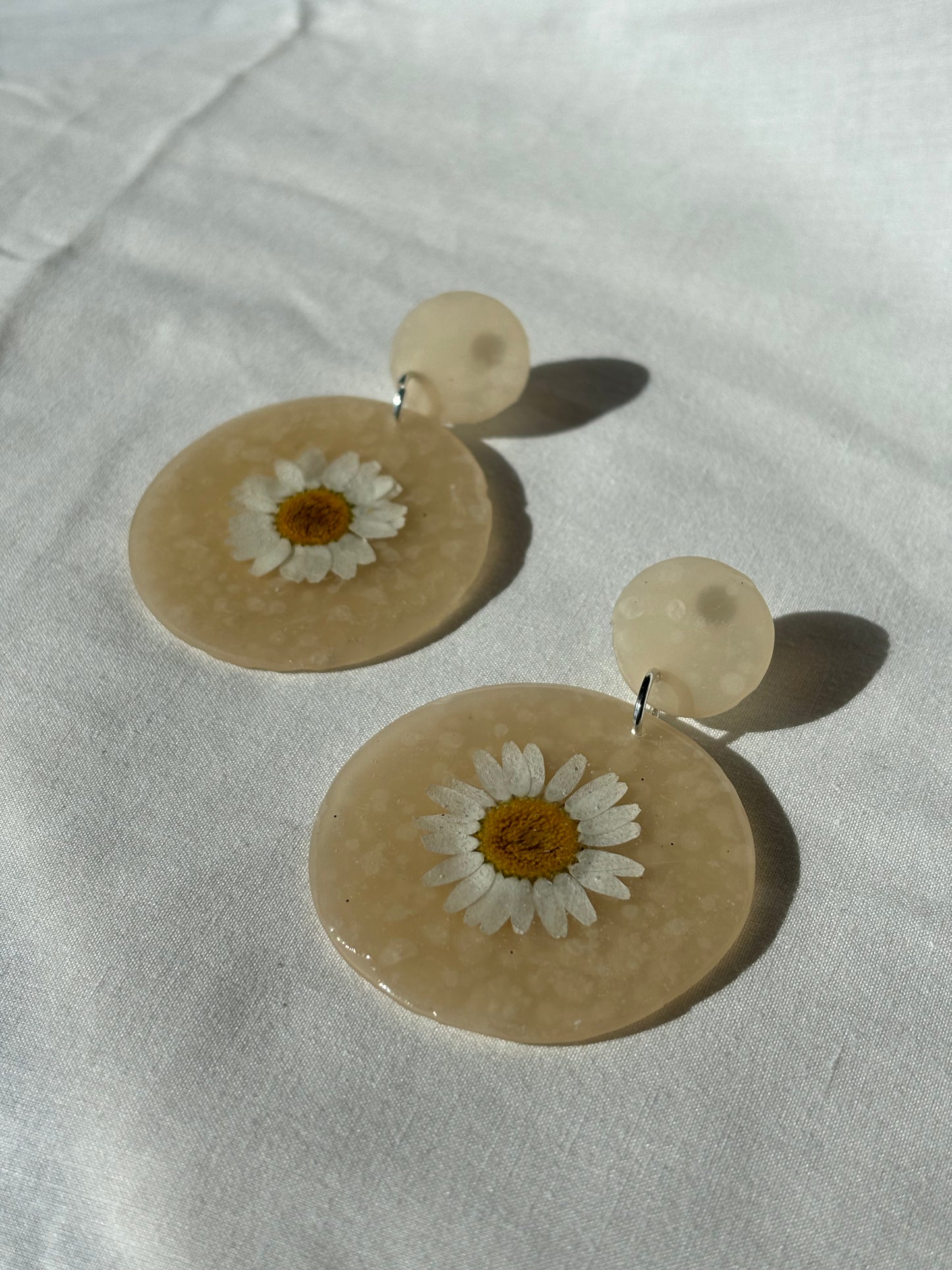 White Pressed Daisy Flower Transparent Stacked Circle Polymer Clay Stud Earrings