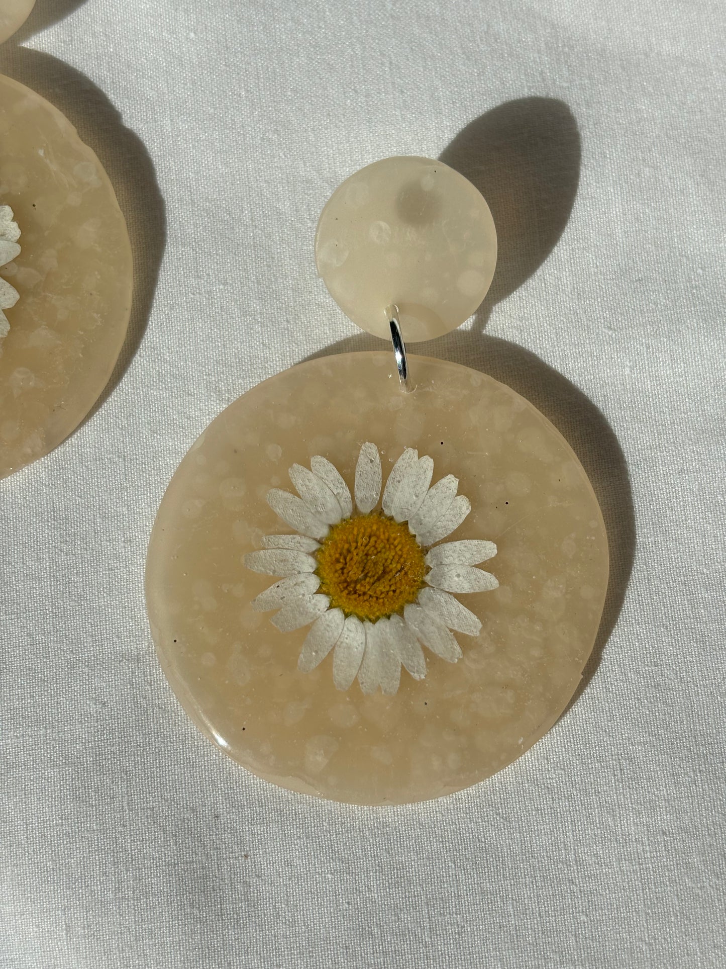 White Pressed Daisy Flower Transparent Stacked Circle Polymer Clay Stud Earrings