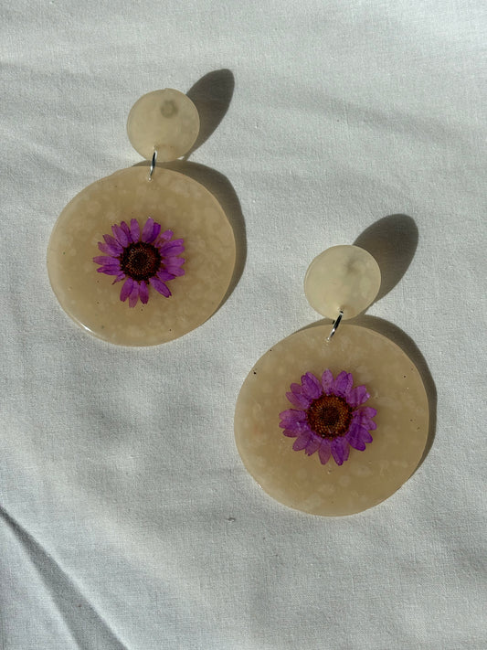 Purple Pressed Daisy Flower Transparent Stacked Circle Polymer Clay Stud Earrings