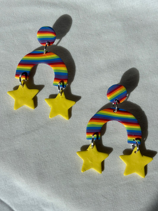 Rainbow Gay Colorful Stripes Stars Handmade Polymer Clay Dangle Earrings