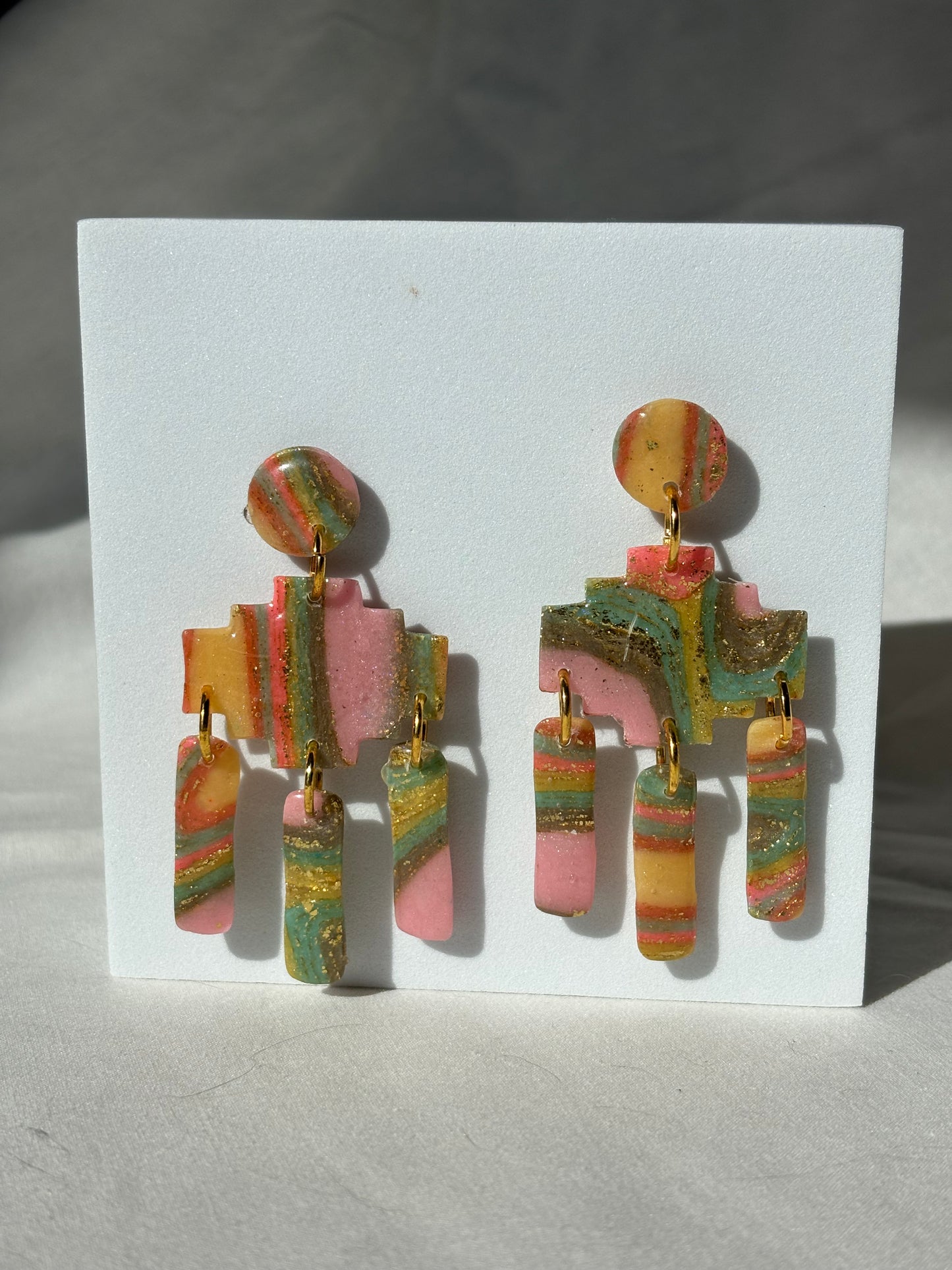 Multicolor Geometric Stacked Dangle Polymer Clay Earrings