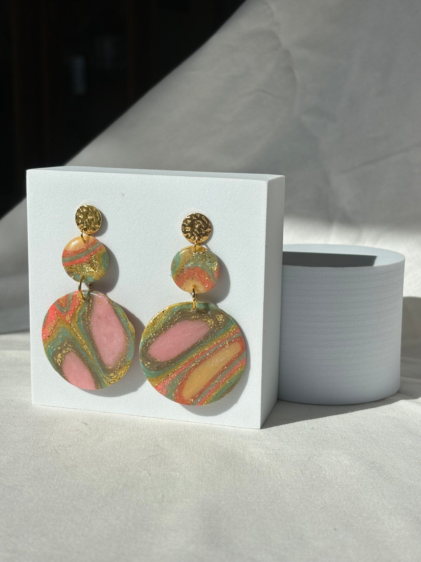 Multicolor Stacked Circle Dangle Stud Polymer Clay Earrings