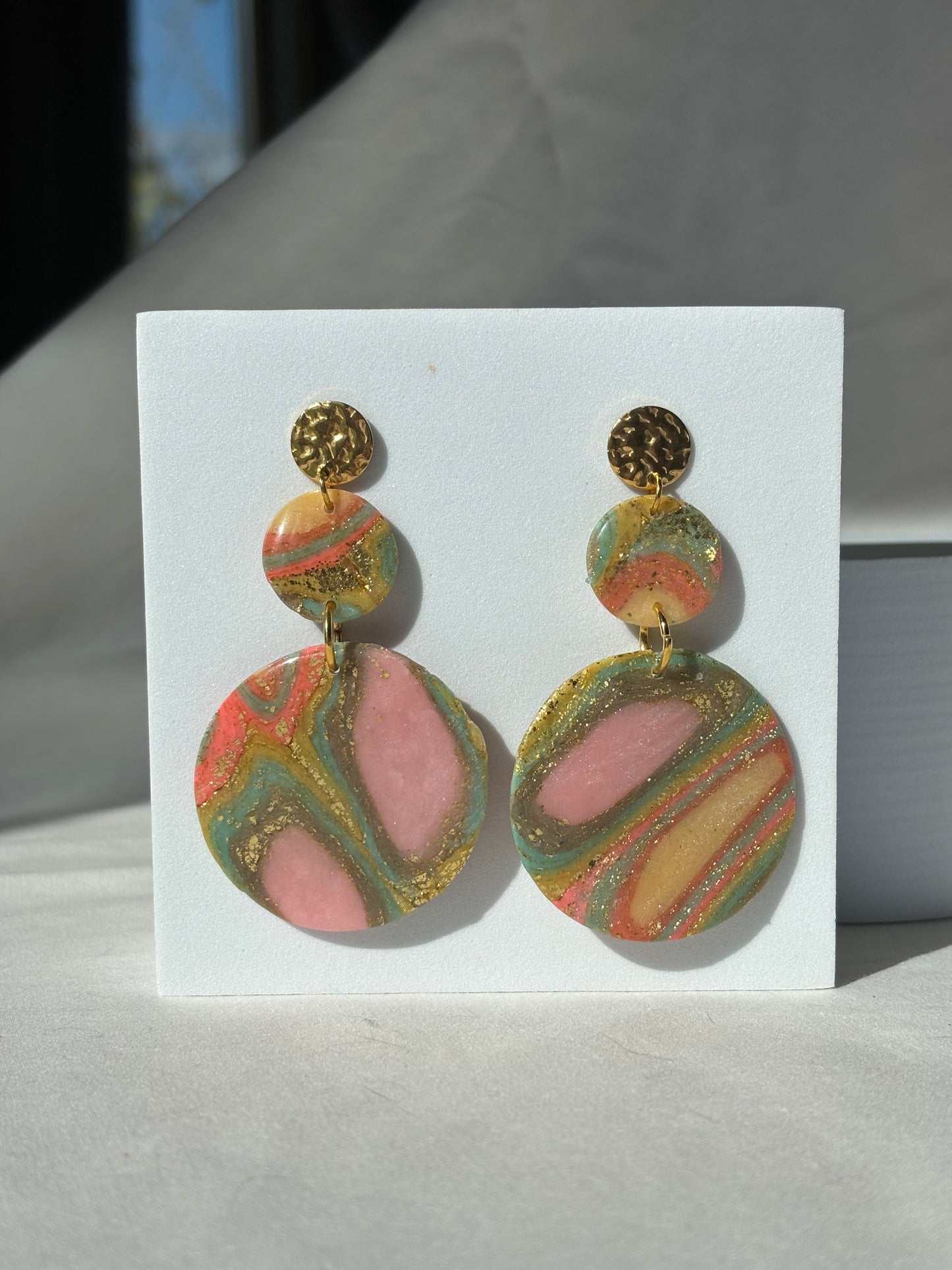 Multicolor Stacked Circle Dangle Stud Polymer Clay Earrings
