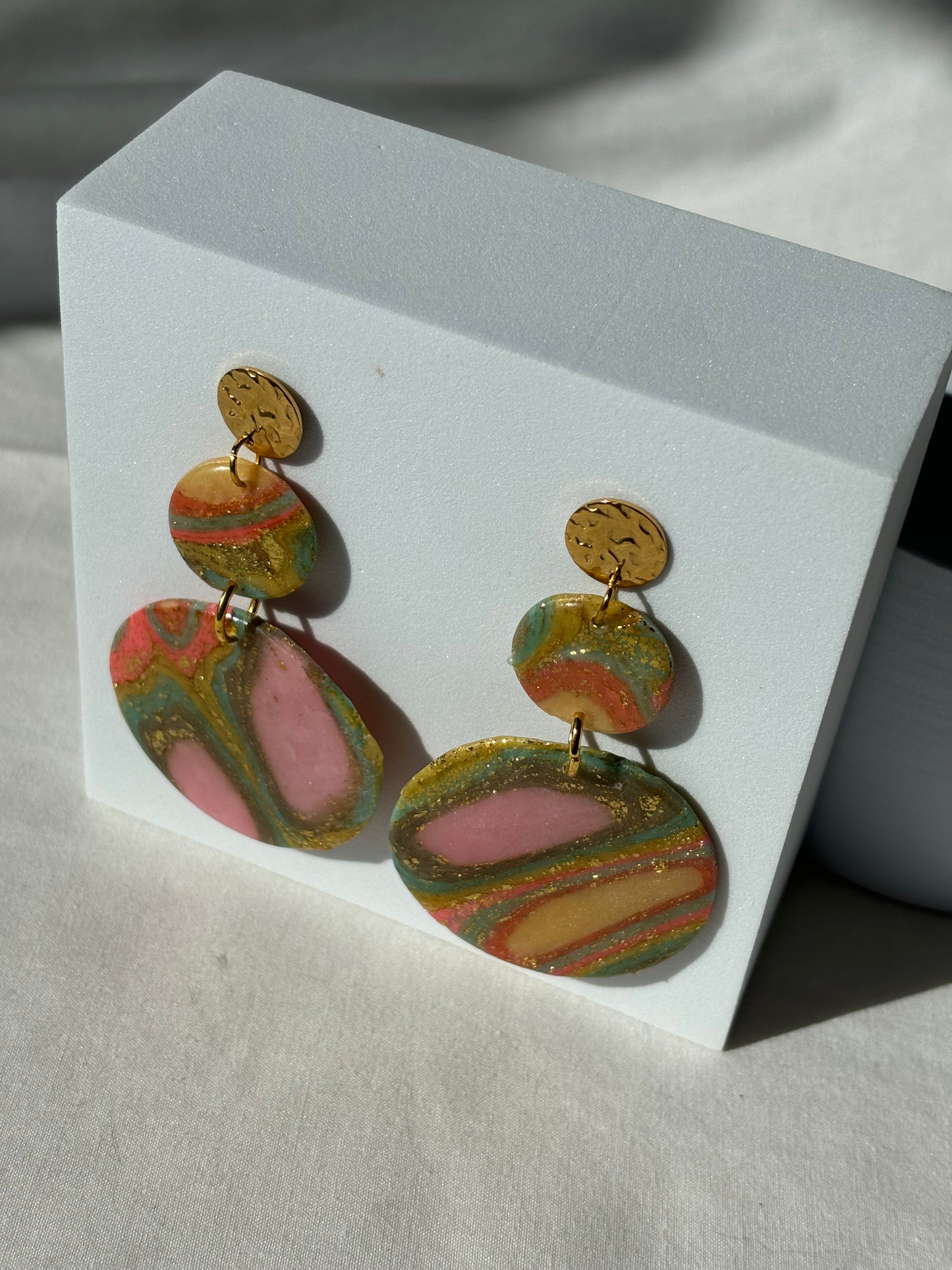 Multicolor Stacked Circle Dangle Stud Polymer Clay Earrings
