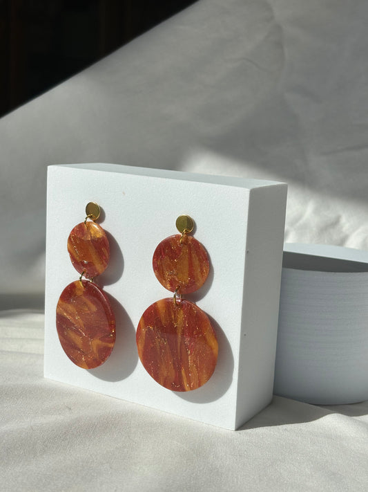 Maroon Gold Swirl Stacked Circle Dangle Stud Polymer Clay Earrings