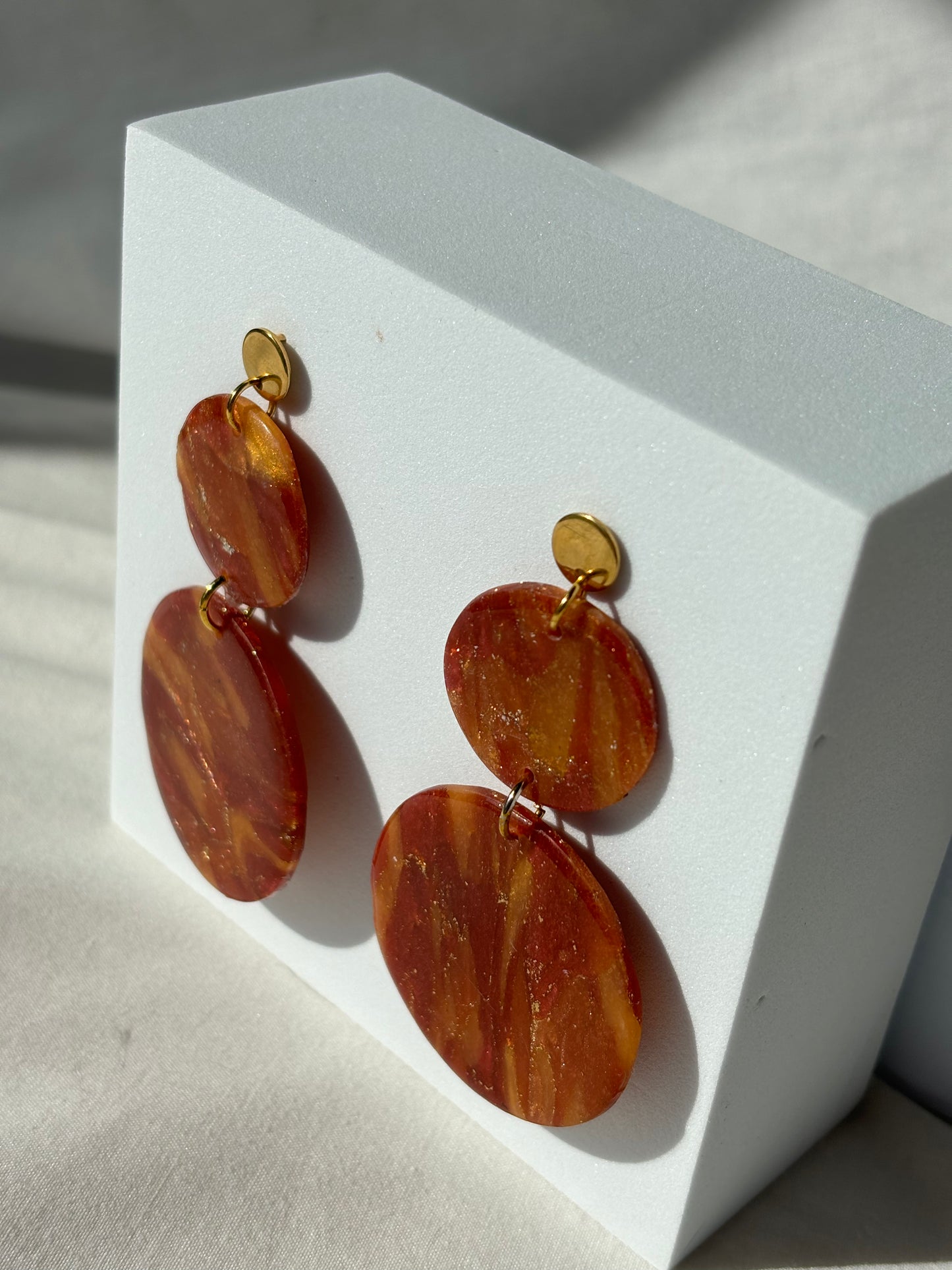 Maroon Gold Swirl Stacked Circle Dangle Stud Polymer Clay Earrings