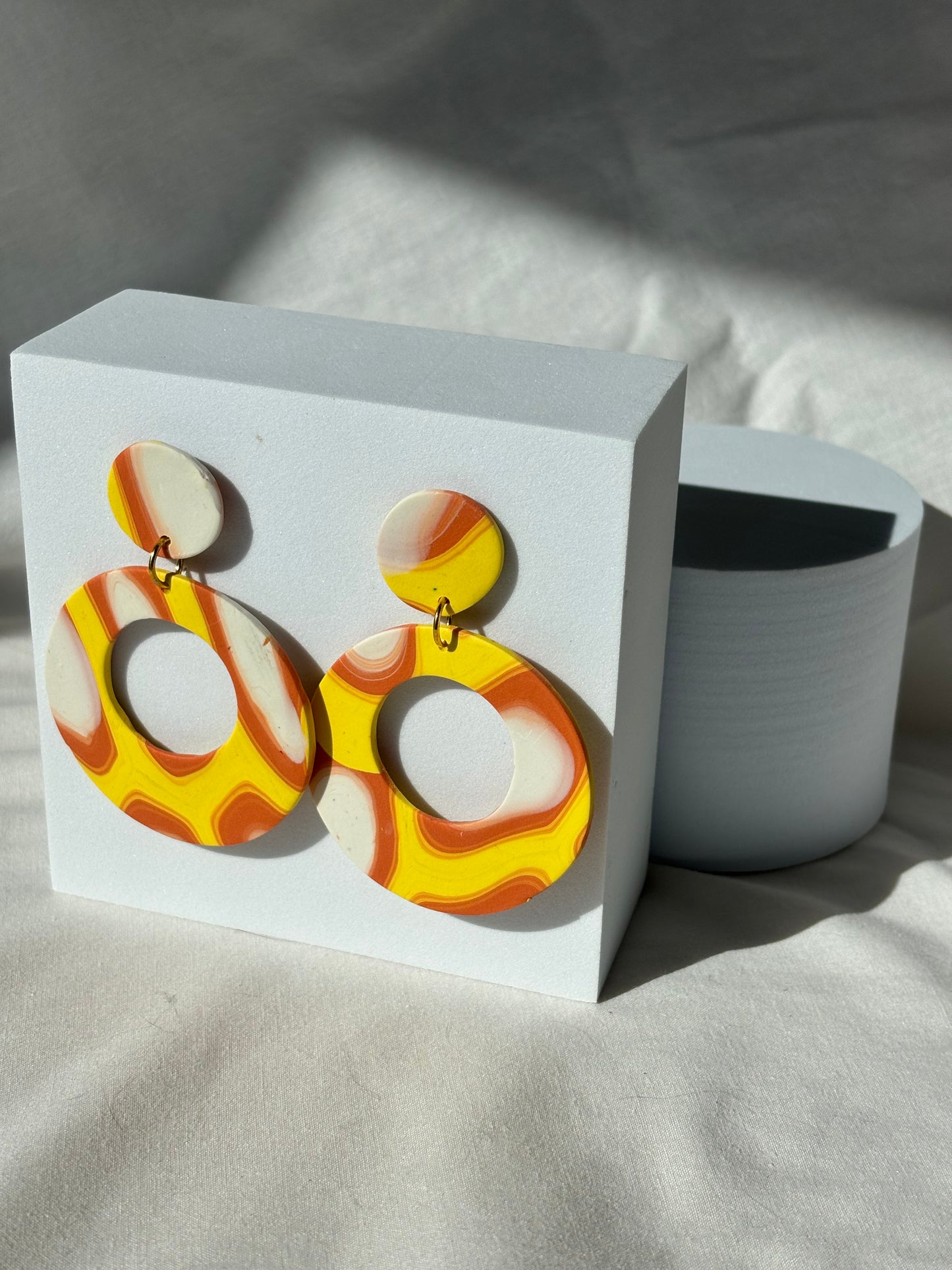 Yellow Orange White Circle Swirl 70s Circle Polymer Clay Stud Dangle Earrings