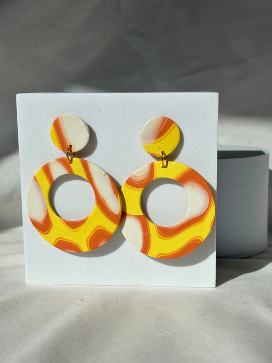 Yellow Orange White Circle Swirl 70s Circle Polymer Clay Stud Dangle Earrings
