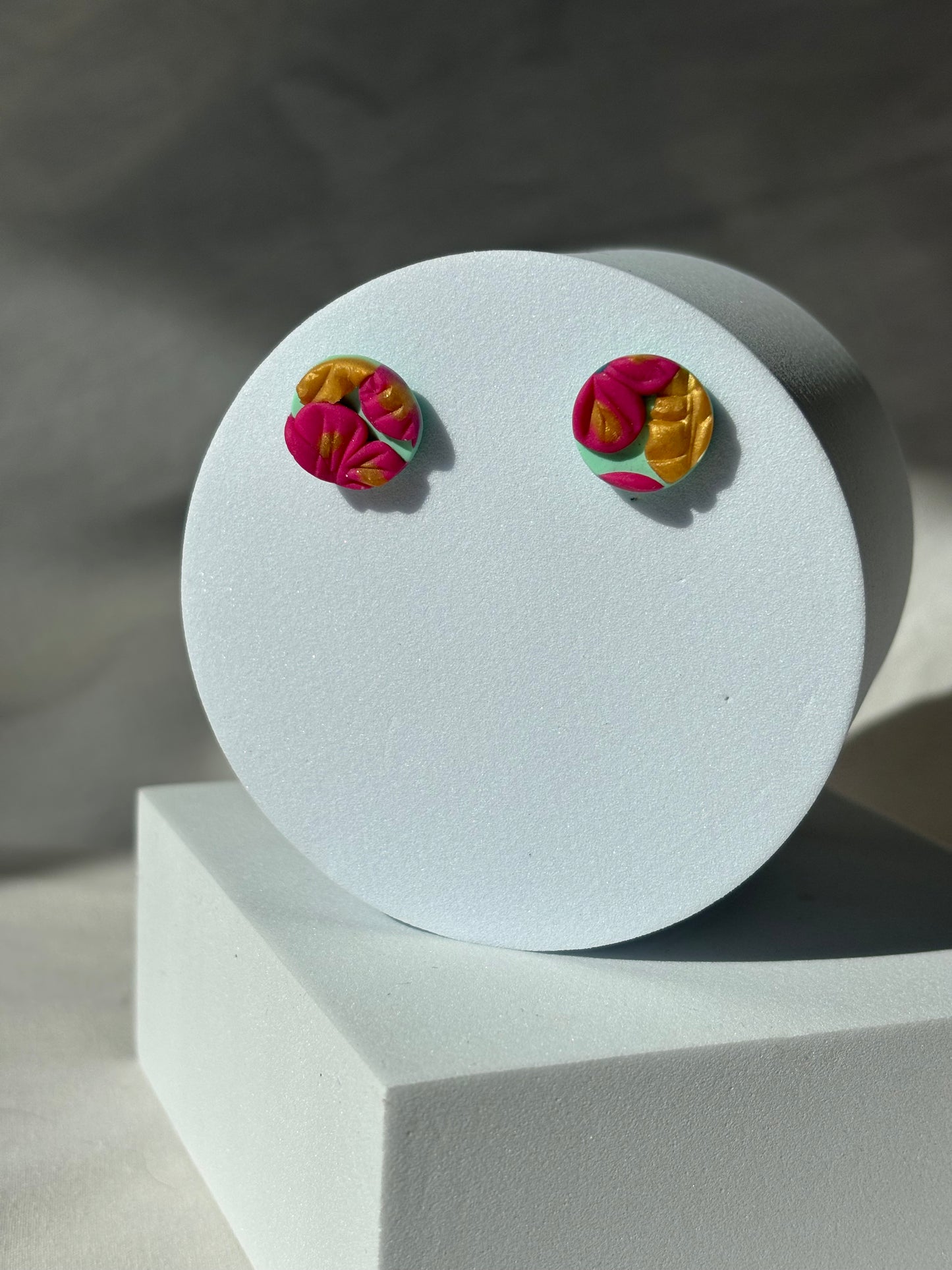 Gold Pink Mint Flower Polymer Clay Stud Earrings