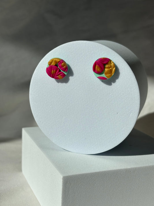 Gold Pink Mint Flower Polymer Clay Stud Earrings