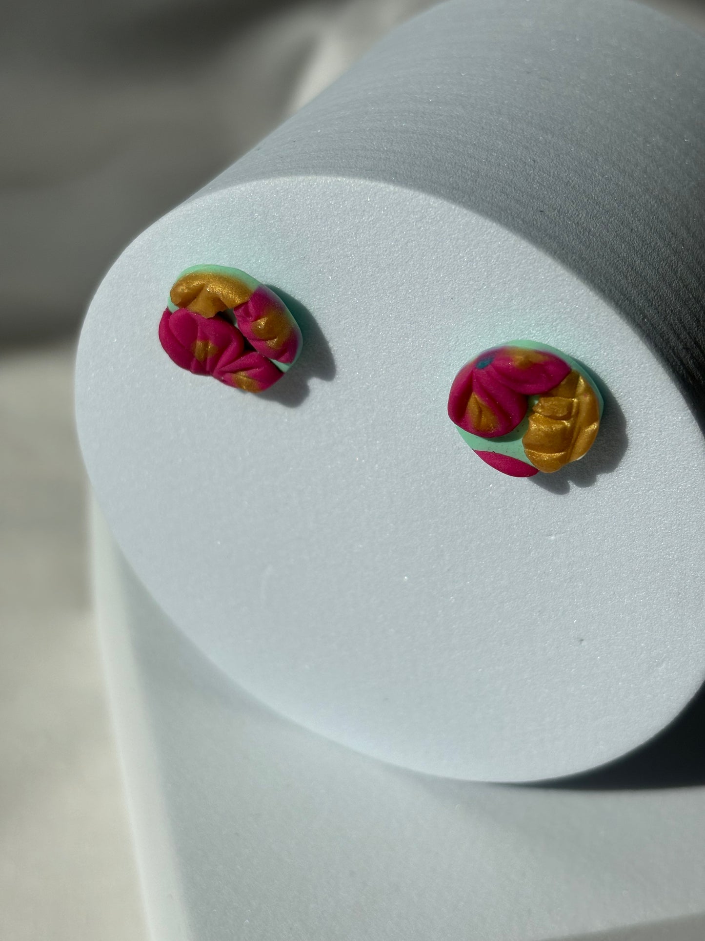 Gold Pink Mint Flower Polymer Clay Stud Earrings