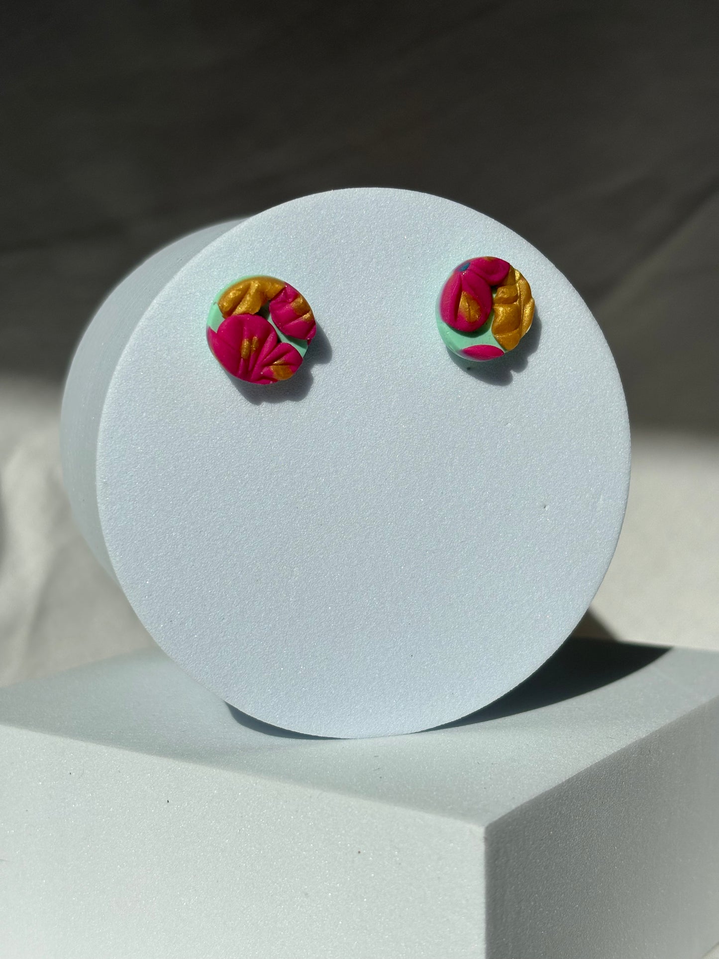 Gold Pink Mint Flower Polymer Clay Stud Earrings