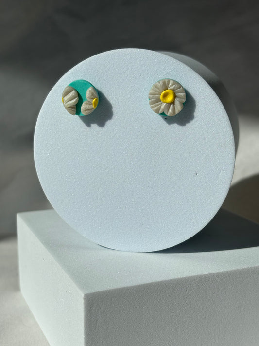Blue White Flower Plant Polymer Clay Stud Earrings