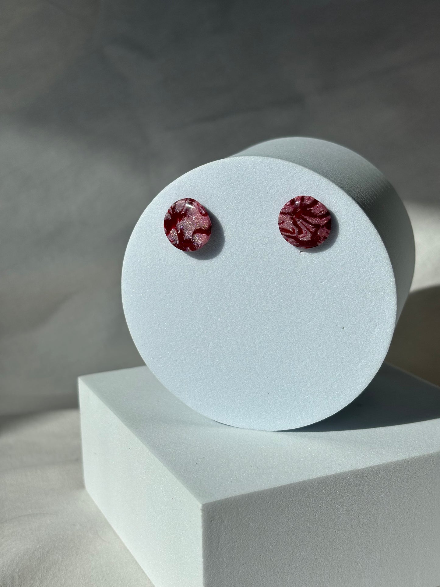 Pink Red Swirl Shimmer Polymer Clay Stud Earrings