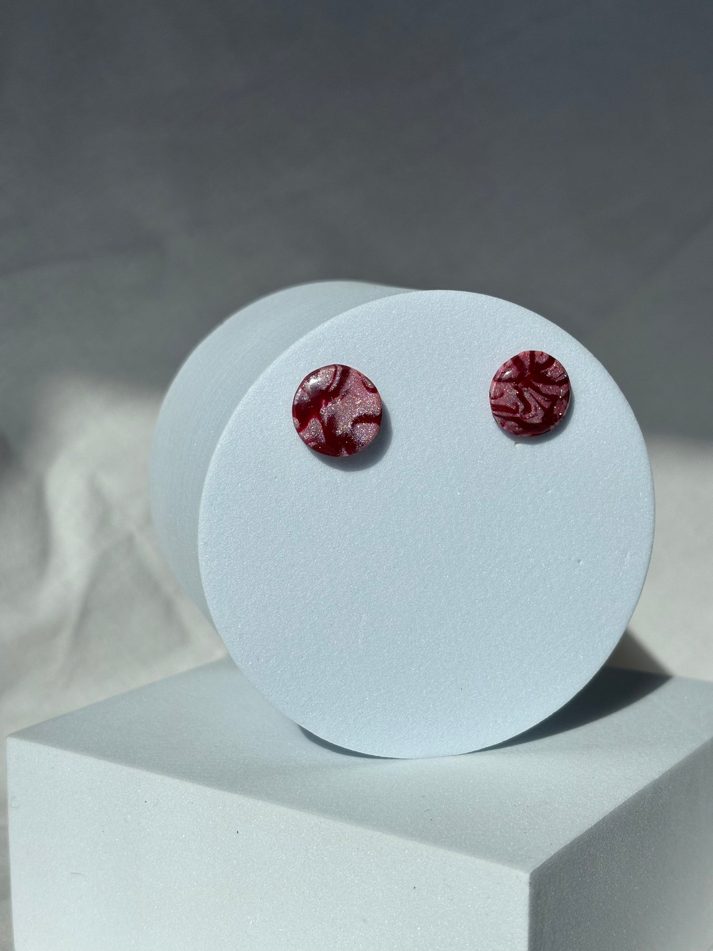 Pink Red Swirl Shimmer Polymer Clay Stud Earrings