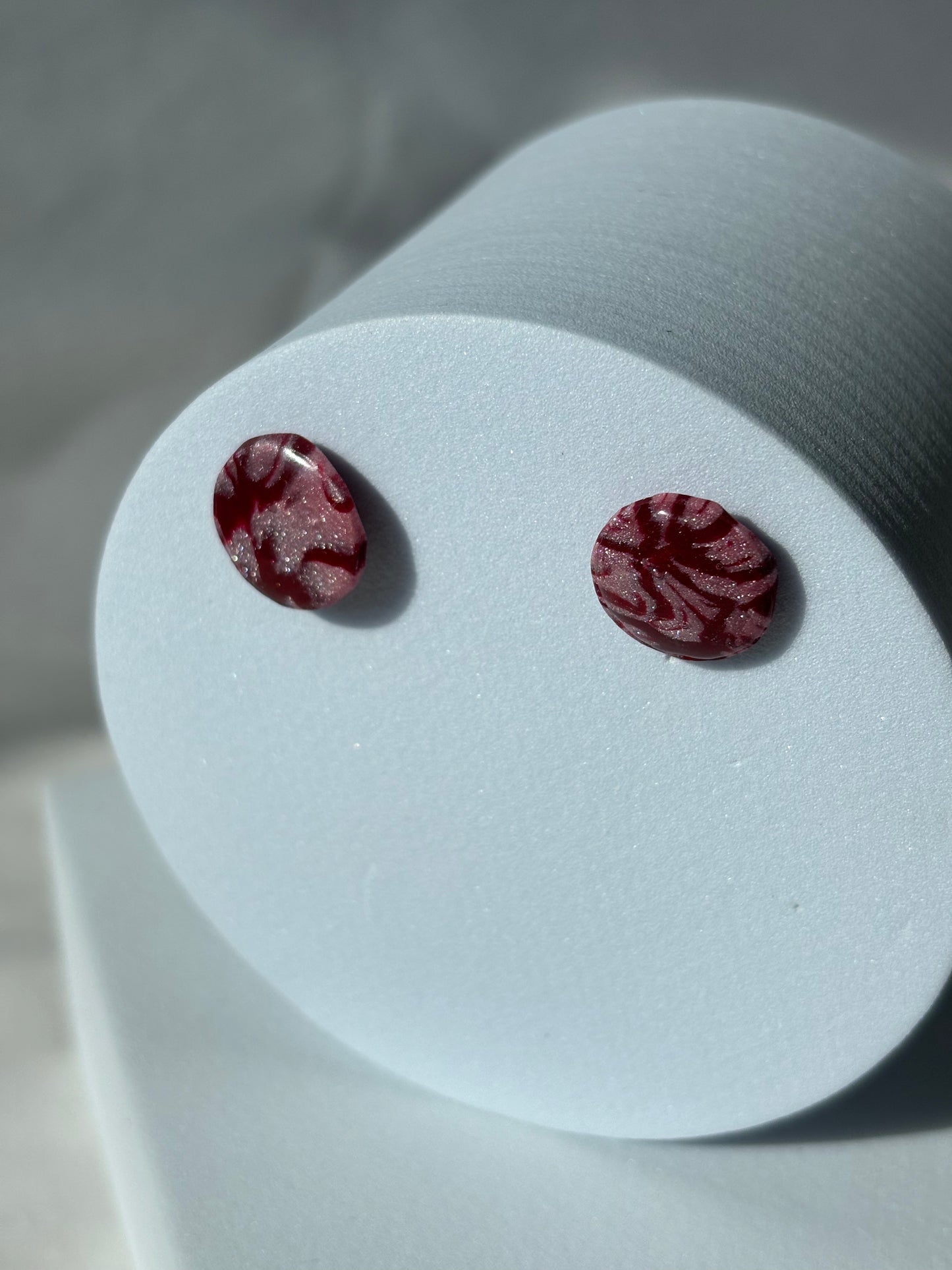 Pink Red Swirl Shimmer Polymer Clay Stud Earrings