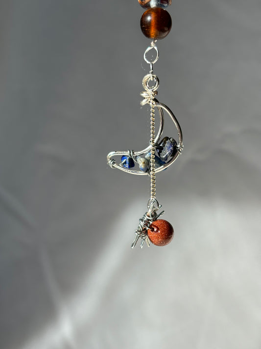 Rearview Mirror Charm Lapis Lazuli Goldstone Crystal Moon Sun Wire Wrapped Car