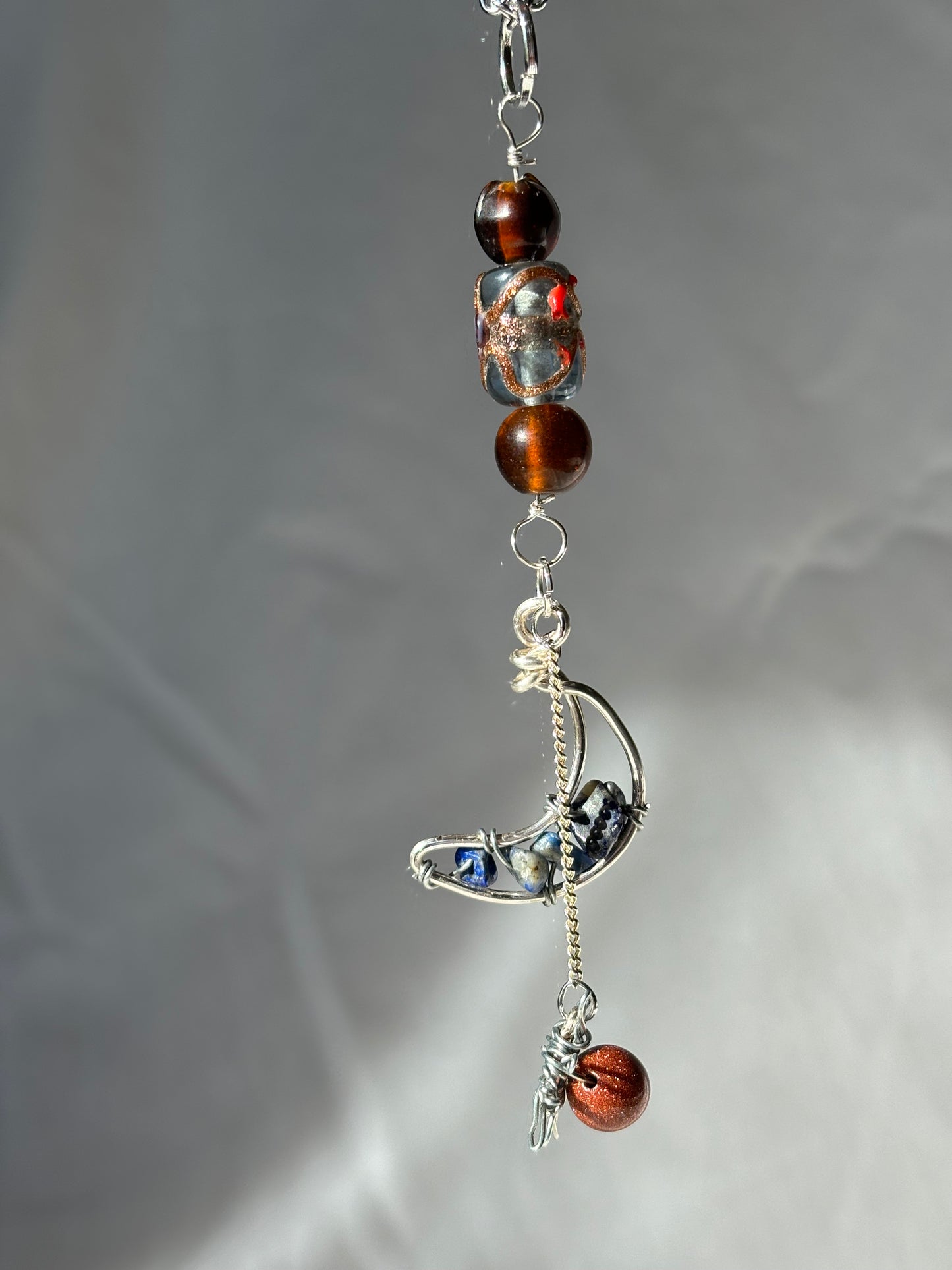 Rearview Mirror Charm Lapis Lazuli Goldstone Crystal Moon Sun Wire Wrapped Car