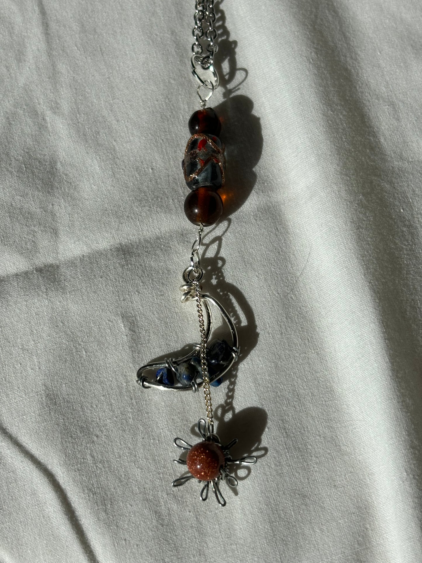 Rearview Mirror Charm Lapis Lazuli Goldstone Crystal Moon Sun Wire Wrapped Car