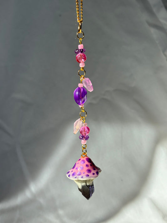 Rearview Mirror Hanger Crystal Mushroom Painted Butterflies Beaded