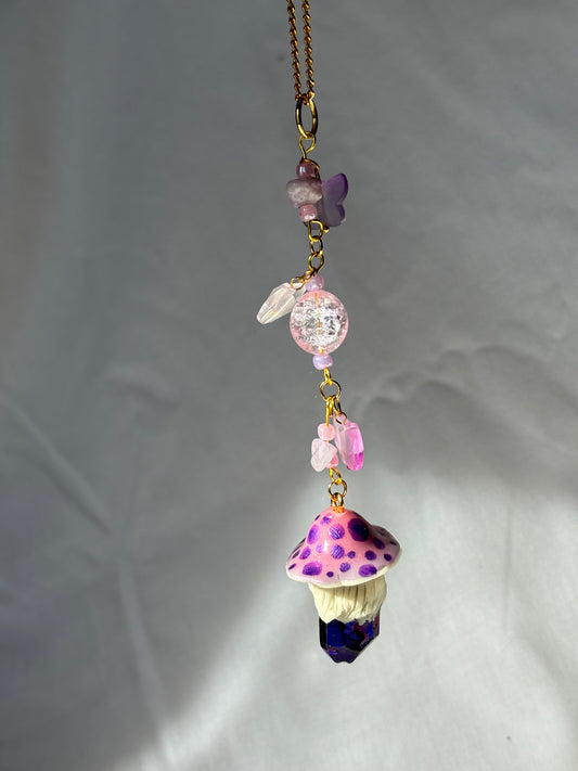 Rearview Mirror Hanger Amethyst Rose Quartz Crystal Mushroom Beaded