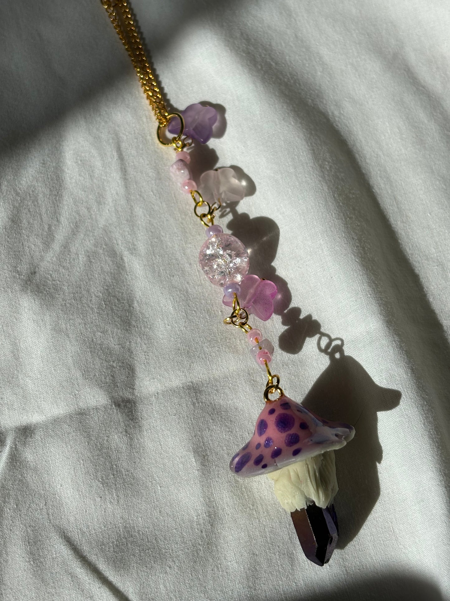 Rearview Mirror Hanger Amethyst Rose Quartz Crystal Mushroom Beaded