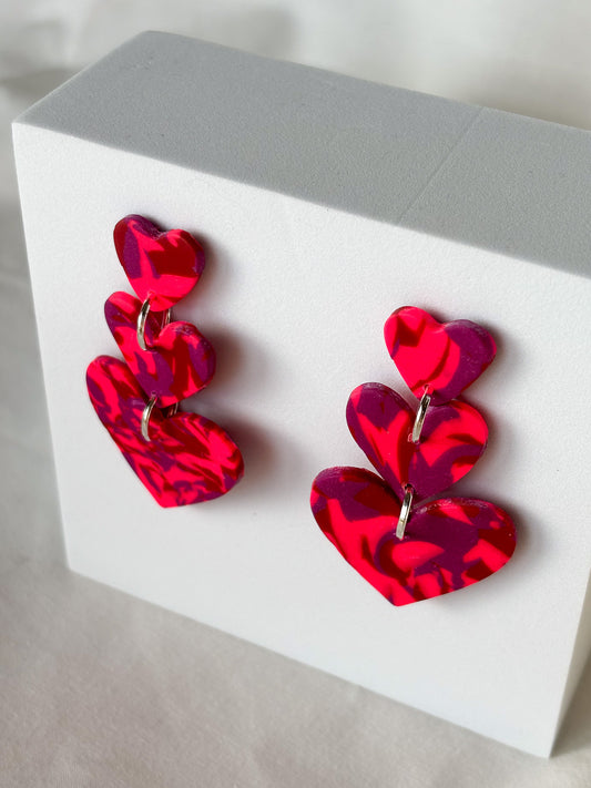 Stacked Hearts Clay Purple Hot Pink Dangle Stud Earrings