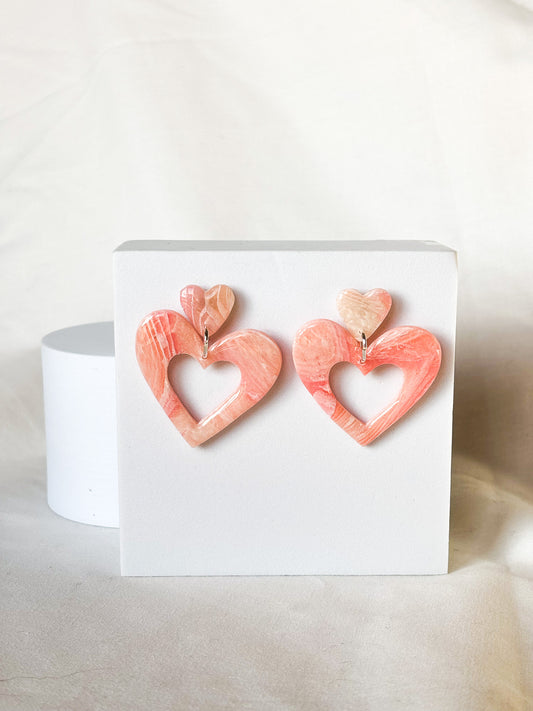 Stacked Hearts Swirl Pink Transparent Dangle Stud Clay Earrings