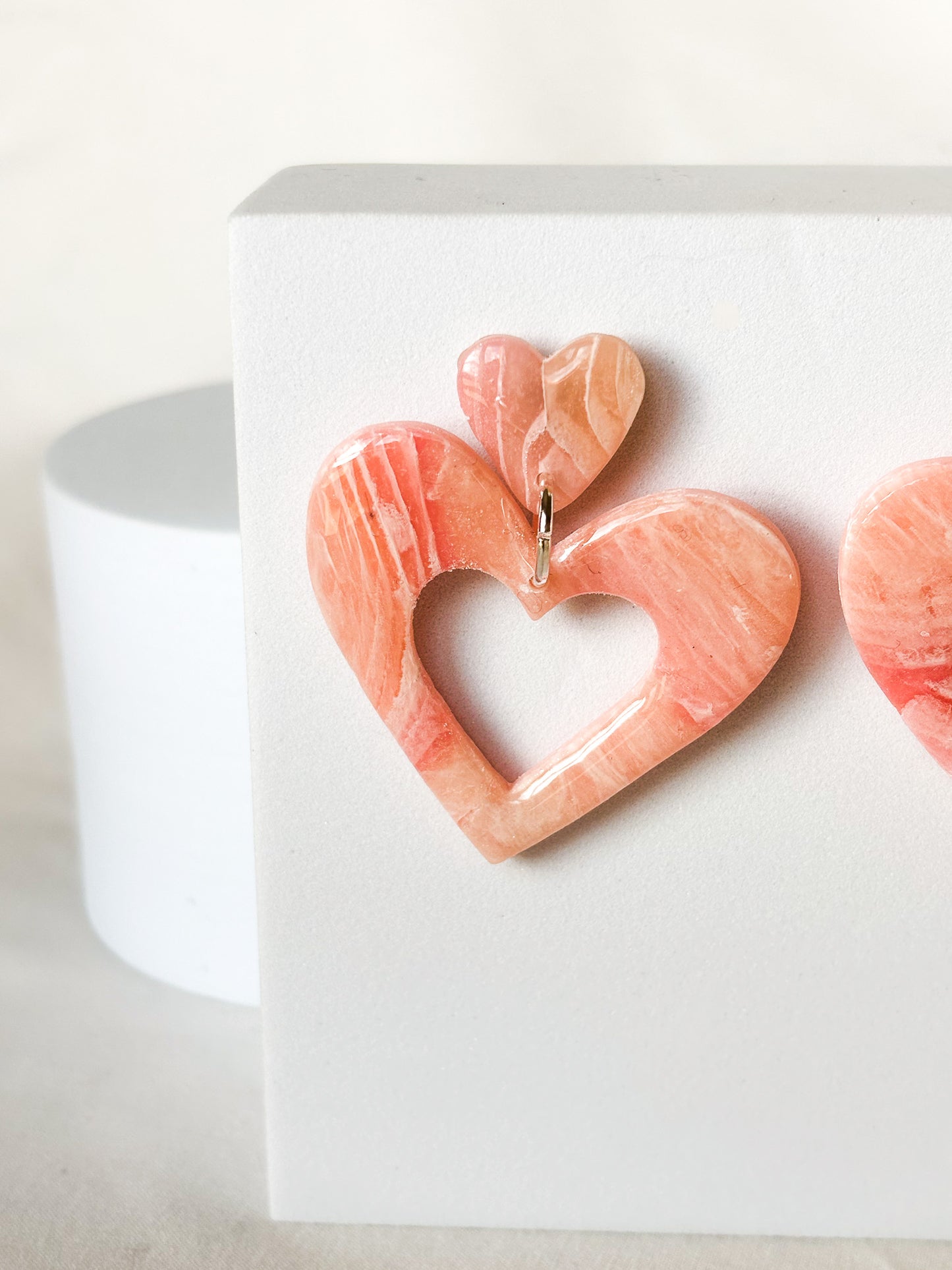 Stacked Hearts Swirl Pink Transparent Dangle Stud Clay Earrings