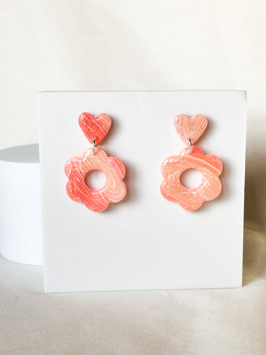 Heart Flower Pink Transparent Swirl Dangle Stud Clay Earrings