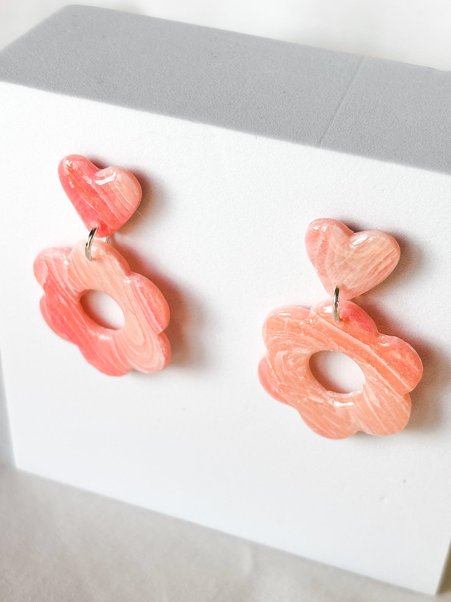 Heart Flower Pink Transparent Swirl Dangle Stud Clay Earrings